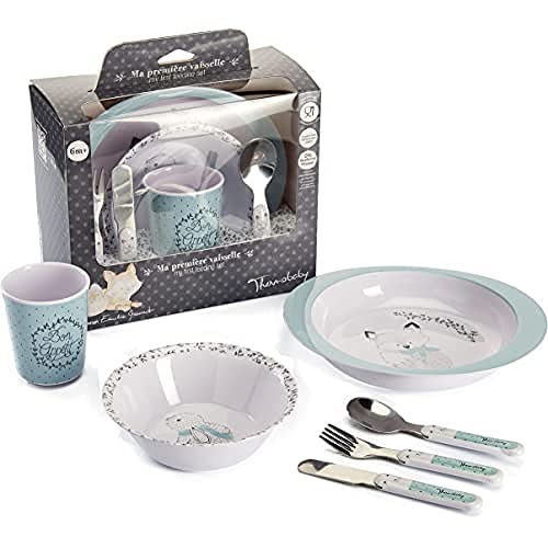 THERMOBABY Coffret Vaisselle Mélamine et Couverts Inox Enfant, Vert Céladon - Gris