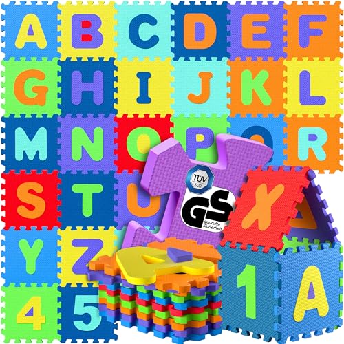 Spielwerk Tapis de Jeu Puzzle en Mousse Alphabet et Chiffres 86 pièces 36 Dalles 30x30cm bébé...