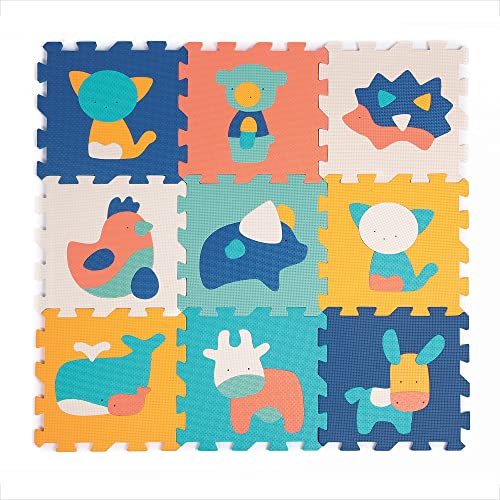 LUDI - Tapis Dalles Animaux - Puzzle Géant - 9 Dalles En Mousse - Dès 10 Mois - Éveil Bébé -...