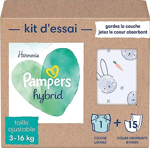 Pampers Harmonie Hybrid, Kit d’Essai 1 Couche Lavable + 15 Cœurs de Protection Jetables,...